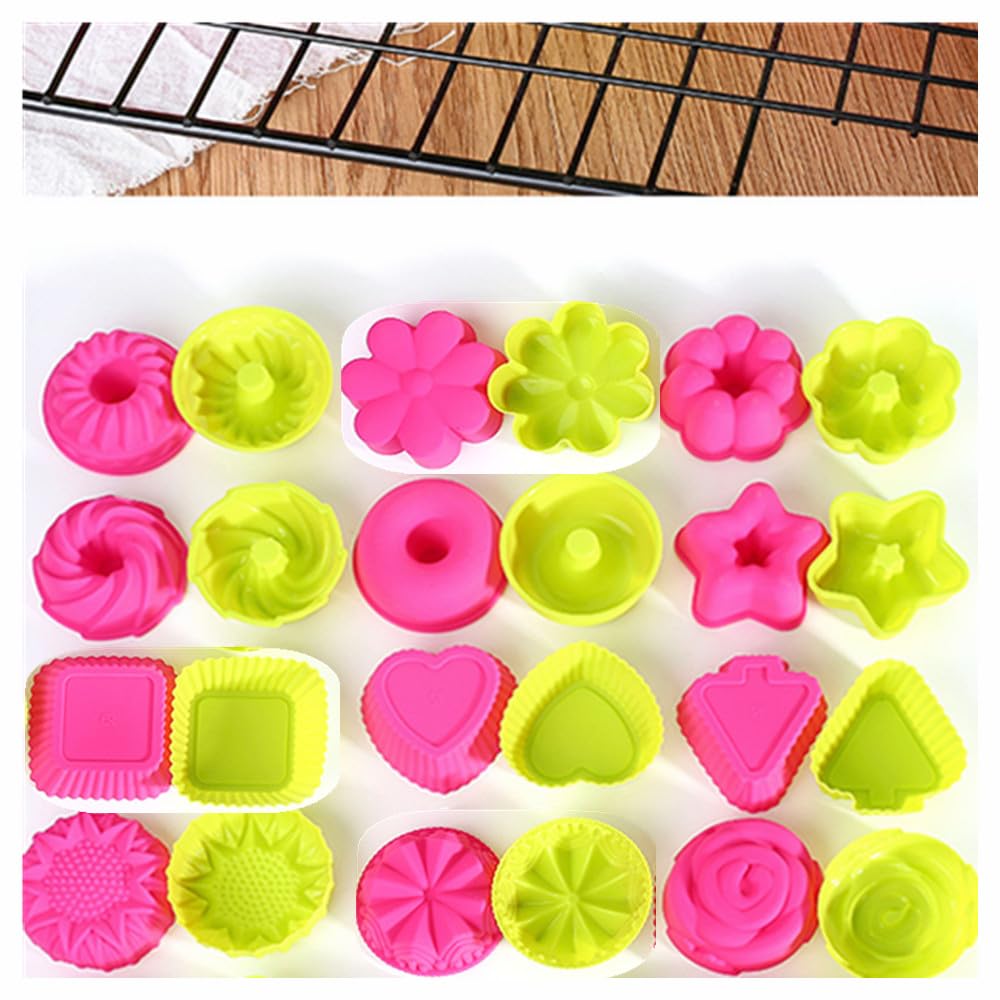 KeepingcooX Muffin Donut Cake Molds Set | Silicone Fancy Dessert Mould, 7.5 cm Small Cake Cups - Pumpkin, Star, Flower, Heart, Savarin Shapes Moulds for Doughnut, Mini Cakes, 24 Cups