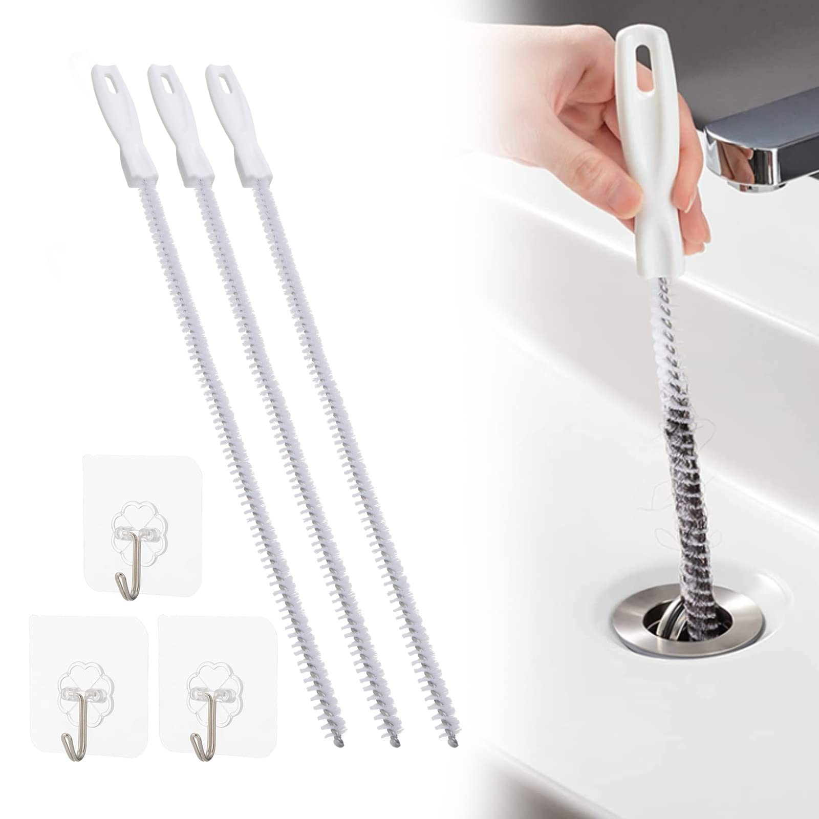 Ungfu Mall 3Pcs Sink Cleaning Brush, 45cm Drain Snake Sink Unblocker Tool Sewer Cleaning Hook with 3 Pcs Sticky Hooks Drain Unblocker Tools for Bath Plug and Sewer