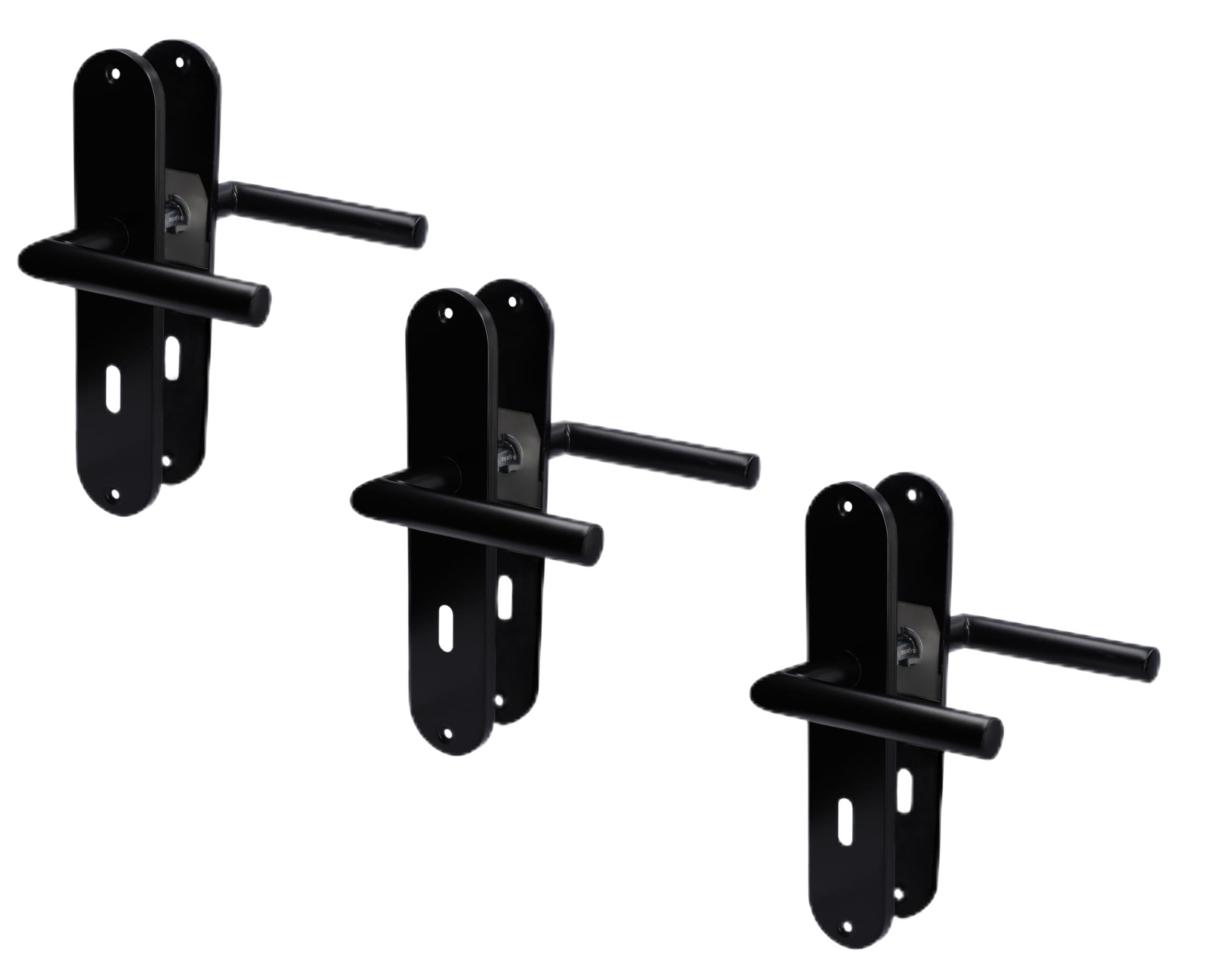 Alpertec Renovation Door Fitting, Long Plate Set of 3, Stainless Steel, Black, for 3 Room Doors with Deadlock Holes, Door Handle, Door Handle