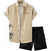 GORGLITTER Men's 2 Piece Outfits Tropical Letter Print Button Down Shirt Drawstring Waist Shorts Set