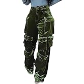 Vakkest Women's Vintage Cargo Pants Velvet Baggy Straight Wide Leg Casual Trousers Multi Pockets Streetwear