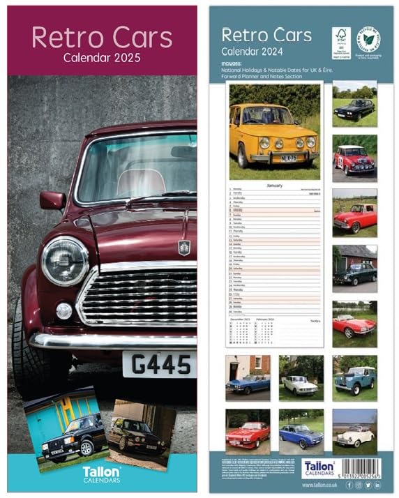 Paulstore 2023 super slim month to view spiral bound hanging wall calendar home office ( Retro cars)
