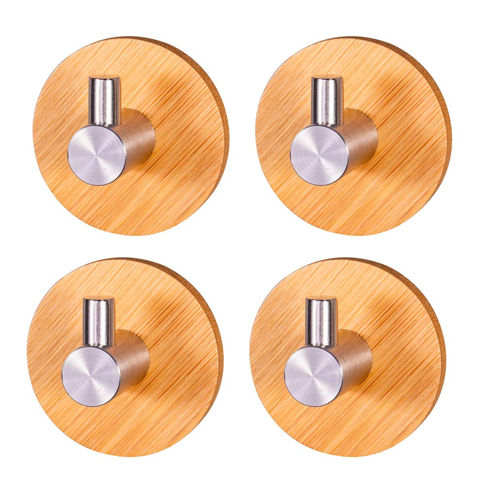 Wooden Self Adhesive Hooks, 4 Pieces Self Adhesive Bamboo Hooks, Multi Purpose Hooks, Bamboo Towel Hooks, for Home Bathroom Kitchen Hanging Coat Towel Keys Bath Ball
