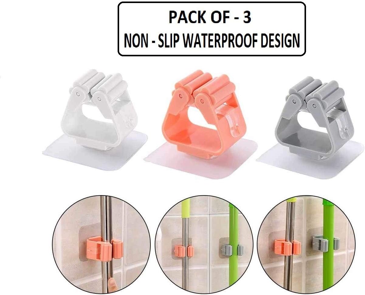 Seven Moon Self-Adhesive Wall Mounted Mop and Broom Brush Umbrella Holder Organizer Bracket Hanging Rack Suction Clip Hooks ; Standard Size Random Color- Pack of 3