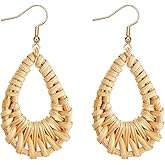 Boho Raffia Earrings for Women Rattan Wooden Straw Dangle Earrings Handmade Statement Beachy Drop Earrings Summer Tropical Beach Jewelry