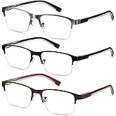 SUNAMOY 3 Pack Metal Reading Glasses Men, Half Frame Spring Hinge Computer Blue Light Readers for Large Head/Big Face