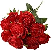 Jasion Artificial Roses 10 Heads Faux Flower Arrangement Silk Bouquet for Home Office Parties and Wedding Decoration (Red)