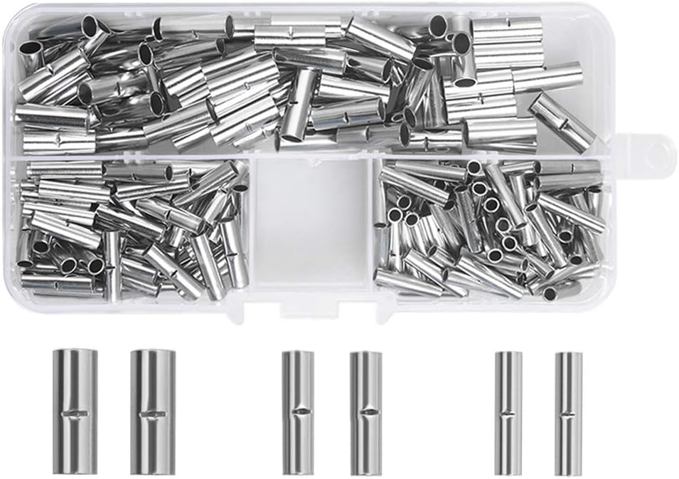 200Pcs Non-Insulated Butt Connectors Uninsulated Butt Crimps Non Insulated Wire Ferrules 22-18AWG 16-14AWG 12-10AWG with a Storage Box for DIY Electrical Splicing