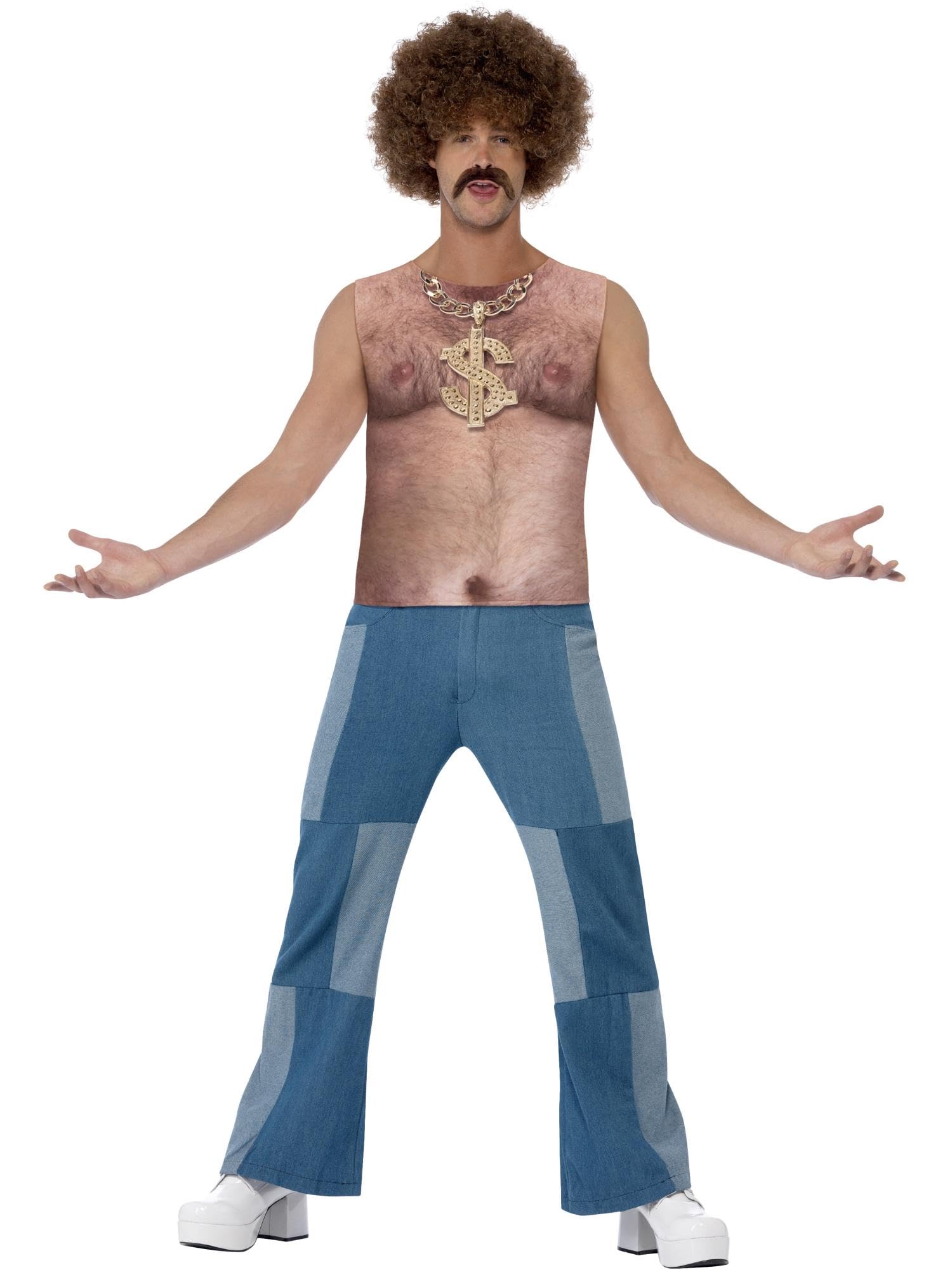 Smiffys Realistic 70s Hairy Chest, Sleeveless Top, Nude with Sublimation Print, Funny Fancy Dress, Comedy Dress Up Costumes