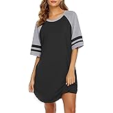 Ekouaer Cotton Nightgowns for Women Short Sleeve Sleep Shirts Crew Neck Night Shirts Soft Color Block Night Gown