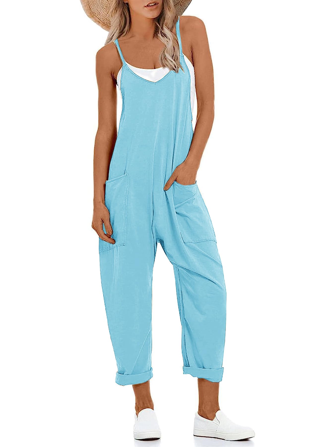 Photo 1 of Muchpow Women's V Neck Sleeveless Jumpsuits Spaghetti Straps Harem Long Pants Overalls With Pockets (Sky Blue,Large)