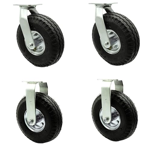 10 Inch Swivel Pneumatic Casters Set of 4 - Black Rubber Wheels ...