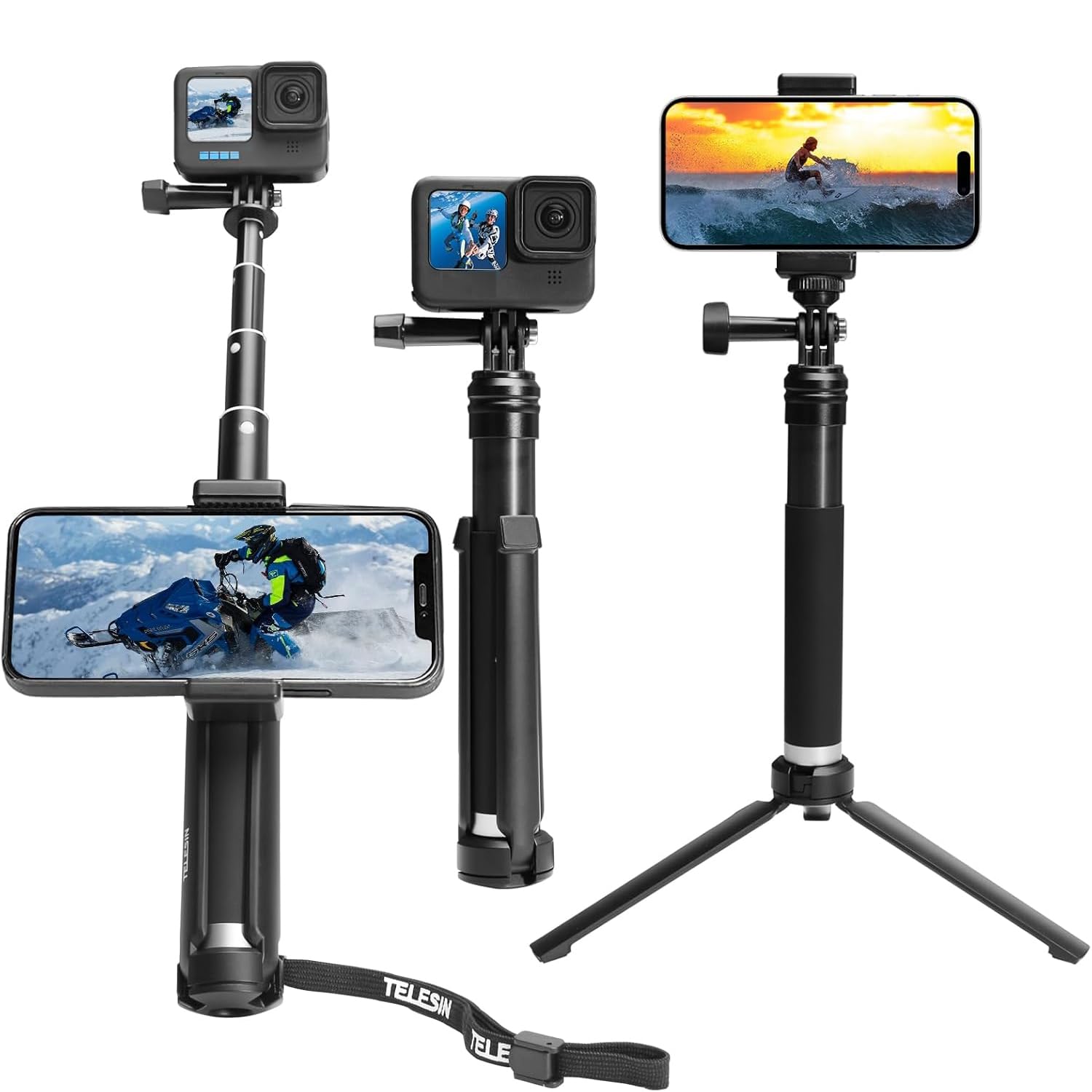 Selfie Stick Hand Grip Tripod Waterproof Aluminum Alloy Pole, Extendable Selfie Monopod for Tripod Mount & Phone Clip for Apple, Android Smartphones,for Gopro Hero 10/9 Camera