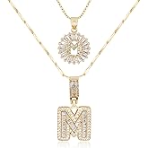 MEIITRUE Letter Necklace 14k Gold Plated Bling Dainty Necklaces Trendy Chunky Custom Name Necklace Personalized Round Circle Pendant Zirconia Letters Name Crystal Jewelry Valentine's Day Gifts for Women
