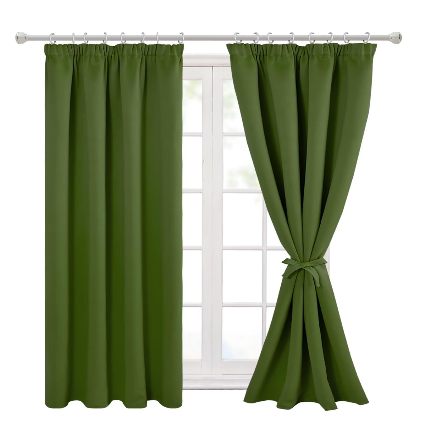 Hiasan Pencil Pleat Blackout Thermal Insulated Curtains, Bedroom and Living Room with Tiebacks, Energy Saving and Noise Reducing, 2 Panels, 46 x 54 Inch, Green