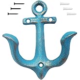 KiaoTime (Blue) Vintage Rustic Cast Iron Nautical Anchor Design Wall Hooks Coat Hooks Rack, Decorative Wall Mounted Antique Shabby Chic Metal Home Bathroom Towel Coat Hooks Hanger