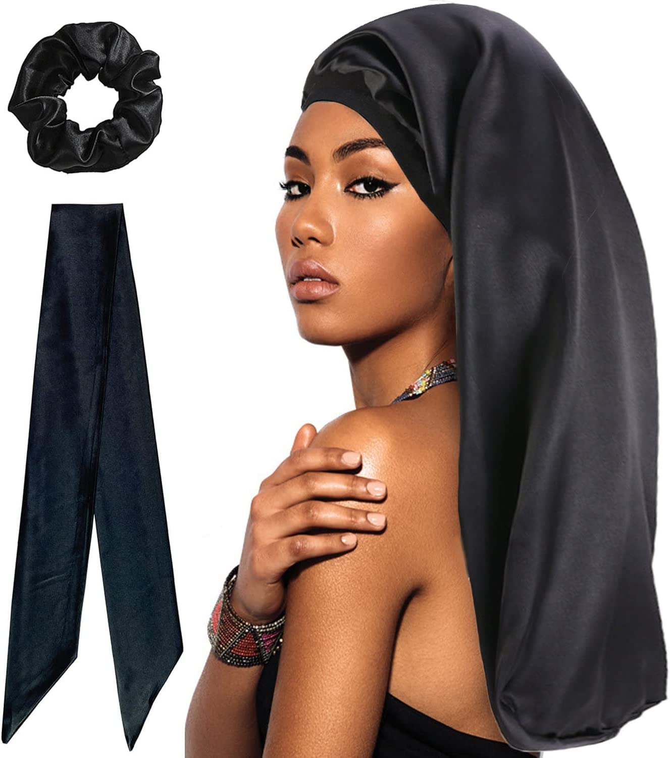 WUBAYI Silk Bonnet Wrap for Sleeping, Satin Sleep Cap with Wide Elastic Band, Soft Hair Sleeping Cap for Women and Girls with Curly Hair (Black)