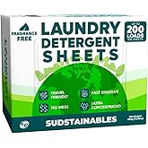 Sudstainables Laundry Detergent Sheets, Fragrance Free, 200 Loads | Fragrance-free laundry detergent sheets for sensitive skin, HE compatible and plastic-free.