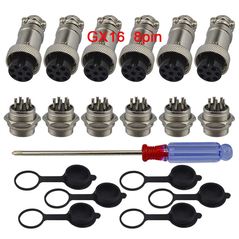 QitinDasen 6Pcs Premium 8 Pin GX16 Aviation Connector, 5A 16mm Thread Male Female Panel Metal Aviation Wire Connector Plug Socket, with Rubber Protector Cap and Phillips Screwdriver