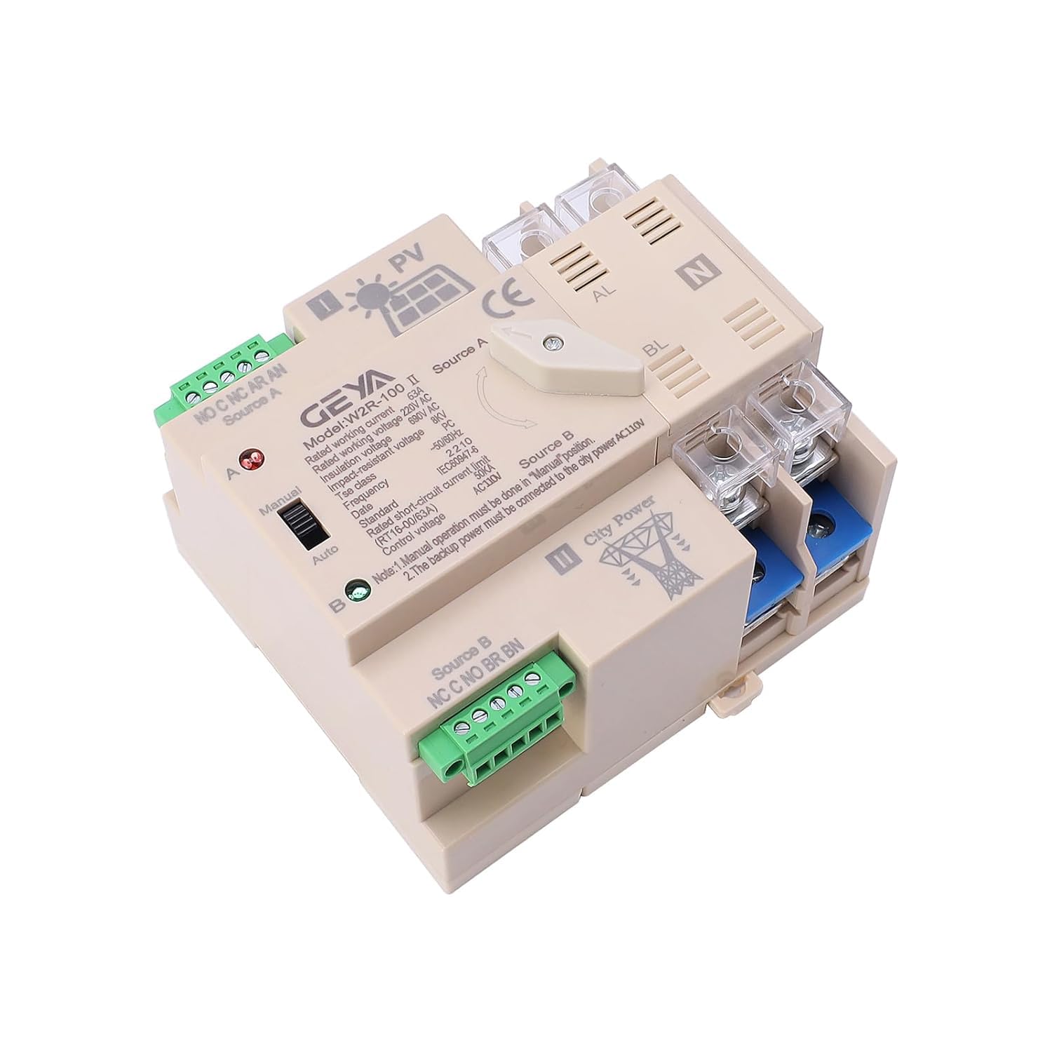 Photo 1 of GEYA on-Grid Solar Power Automatic Transfer Switch Din Rail 2P 63A 110VAC ATS PV System to City Power (ATS-2P-63A-110V-SOLAR)