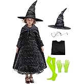 Halloween Girls Classic Witch Black Ruffled Dress with Pointed Hat Cape Glasses Green Gloves Stockings for Kids