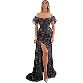 Sequin Off Shoulder Prom Dresses Sparkly Mermaid Formal Dress Feather Long Evening Party Dress with Slit