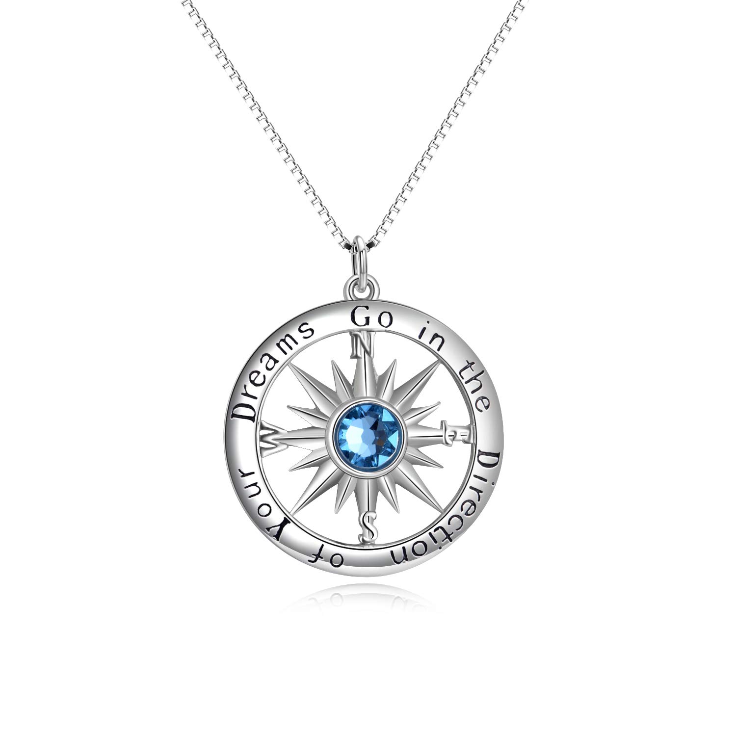 AOBOCO Graduation Gift for Her, Compass Necklace for Women, 925 Sterling Silver Pendant Jewelry with Crystal, Inspirational Gifts for Her (Aquamarine)