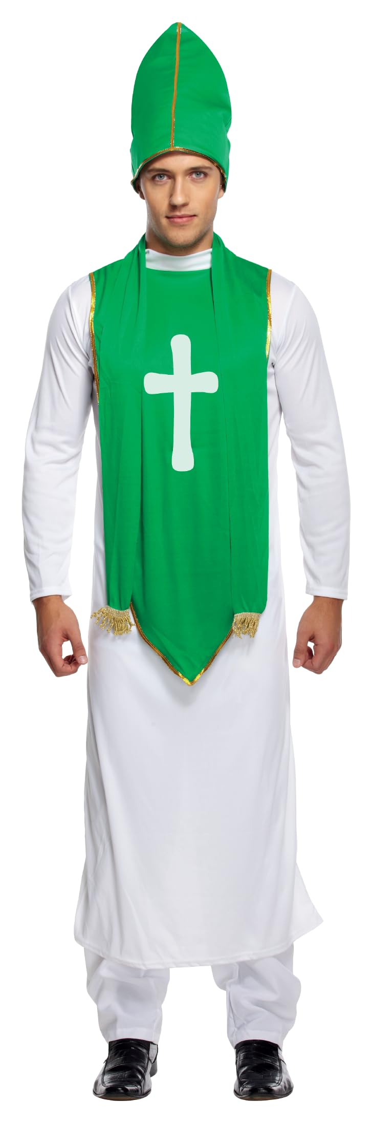 HENBRANDT St Patrick's Day Irish Catholic Priest Costume - Adult Male Religious Festival Fancy Dress Outfit One Size Green White Accessory Set