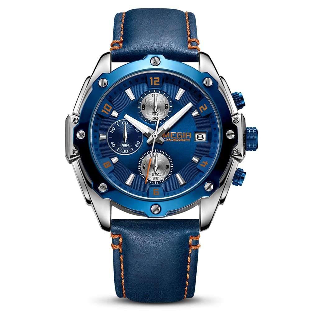 Megir Men's Analogue Chronograph Quartz Watches with Blue Leather Strap and Auto Calendar Luminous Function (Blue)