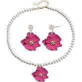 Dreuyet Bohemian Daisy Flower Earrings Necklace Set for Women Boho Layered Matte Long Petal Earring Dainty Floral Pearl Necklace Wedding Spring Holiday Jewelry