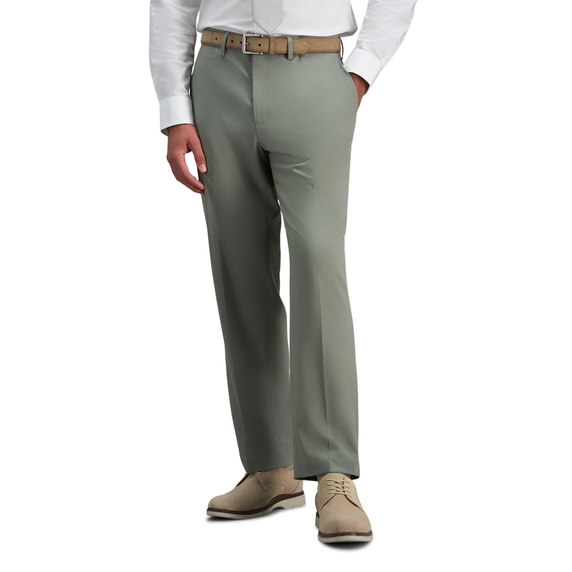 Haggar Men's JMH Premium Stretch Straight Fit Flat Front Dress Pant Olive Image