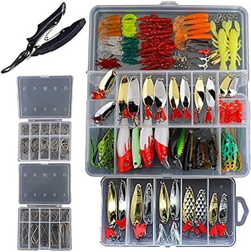 Fishing Lure Kit Hard Lures Minnow Popper Crank Pencil 230Pcs Fish Bait Tackle Fishing Spoons Spinnerbaits Soft Plastic Lure Fishing Frogs with Fishing Plier