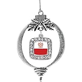 Inspired Silver - Polish Flag - Silver Christmas Ornament - Square Charm Christmas Tree Ornament with Cubic Zirconia - Holiday Hanging Decoration