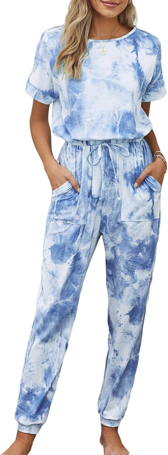 PRETTYGARDEN Women’s Short Sleeve Tie Dye Long Pajamas Set One Piece Jumpsuit Loose Sleepwear Night Shirts with Pockets