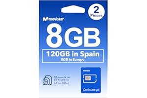 GIFFGISS Movistar Europe Prepaid SIM Card - 8GB Datas in UK and Europe, 120GB and 400 Minutes Calls in Spain, Europe SIM Card for iPhone and Android, Supported Hotspot, Standard/Micro/Nano- 2 Pieces