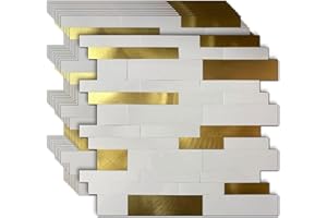 weimeisc 10-Sheet Peel and Stick Backsplash Tile, PVC Mixed Metal Stick on Backsplash Tiles for Kitchen (10, White +Frosted Golden)