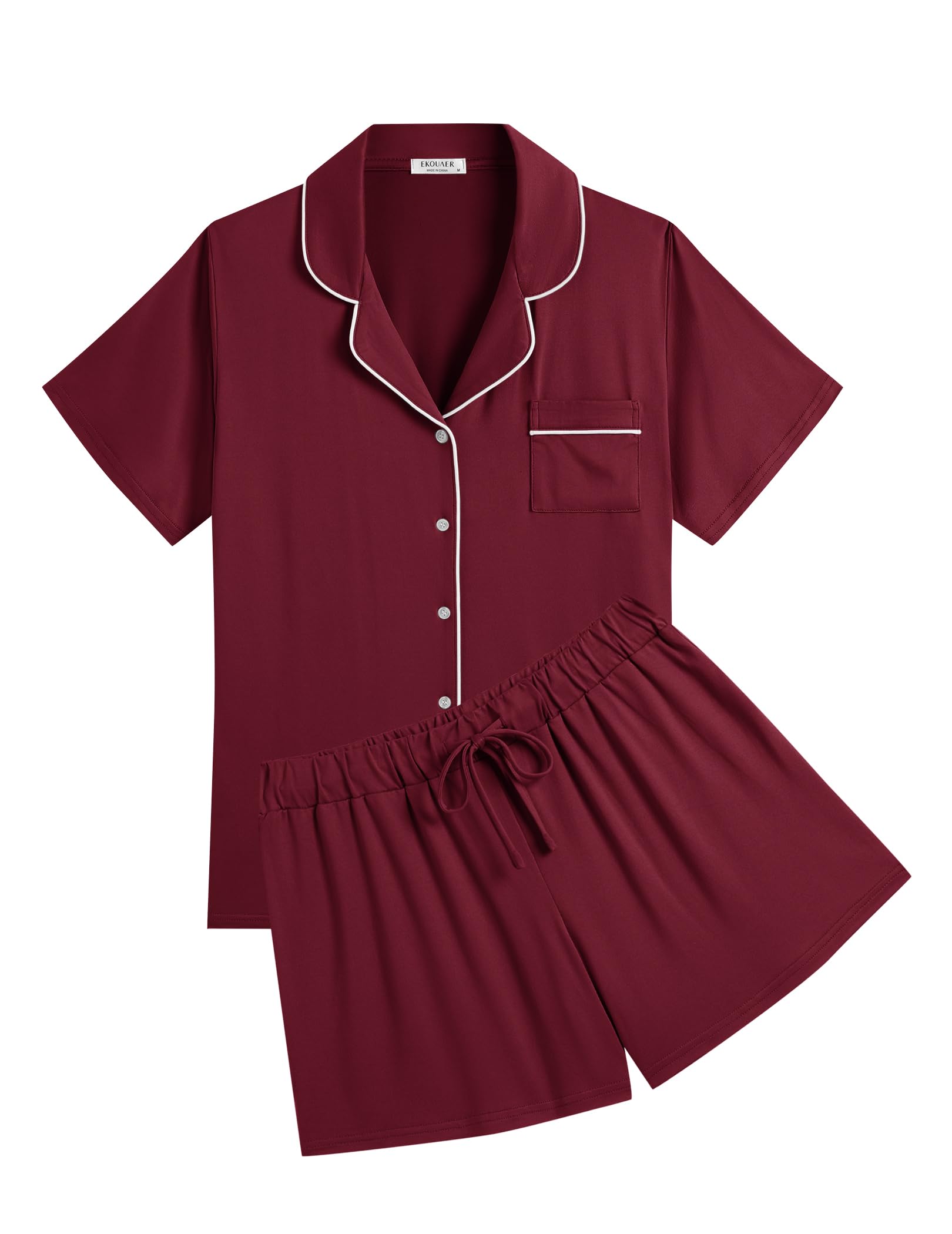 Ekouaer Womens Pajamas Set Soft Classic Notch Collar Bride Pjs Comfy Short Sleeve Sleepwear Loungewear,Wine Red,Large