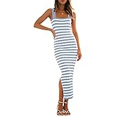 NTSWZYS Women's Sleeveless Striped Knit Bodycon Midi Dress Square Neck Side Slit Ribbed Knit Sweater 2024 Summer Dresses