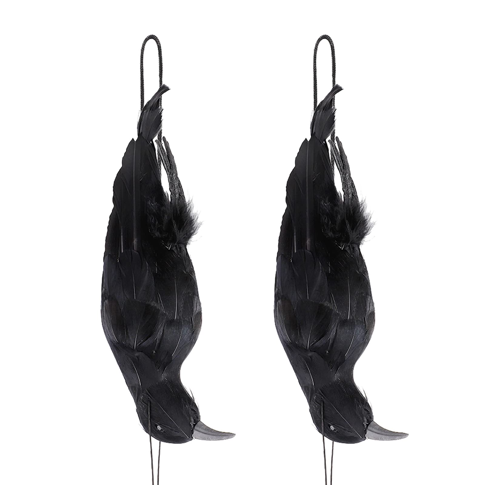 DUDNJC 2pcs Realistic Hanging Dead Crows, Black Feathered Crow 12.5 in Length Ravens for Halloween Bar Ornament Scary PropOutdoor Garden Yard Decor Birds