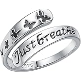 Vekoliry 925 Sterling Silver Butterfly Just Breathe Ring for Women Adjustable Hope Inspirational Jewelry with Message Card Encouragement Gifts