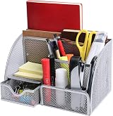 OKPOW Mesh Desk Organiser 6 Compartments with 1 Slide Drawer Silver