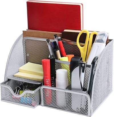 OKPOW Mesh Desk Organiser 6 Compartments with 1 Slide Drawer Silver