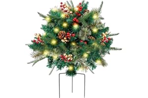 KAMOJI Holiday Planter Decorations, 2025 Christmas Holiday Planter Filler, Pre-lit Xmas Pine Trees with Cones, Golden & Red Berries Outdoor Lighted Christmas Decorations (1)
