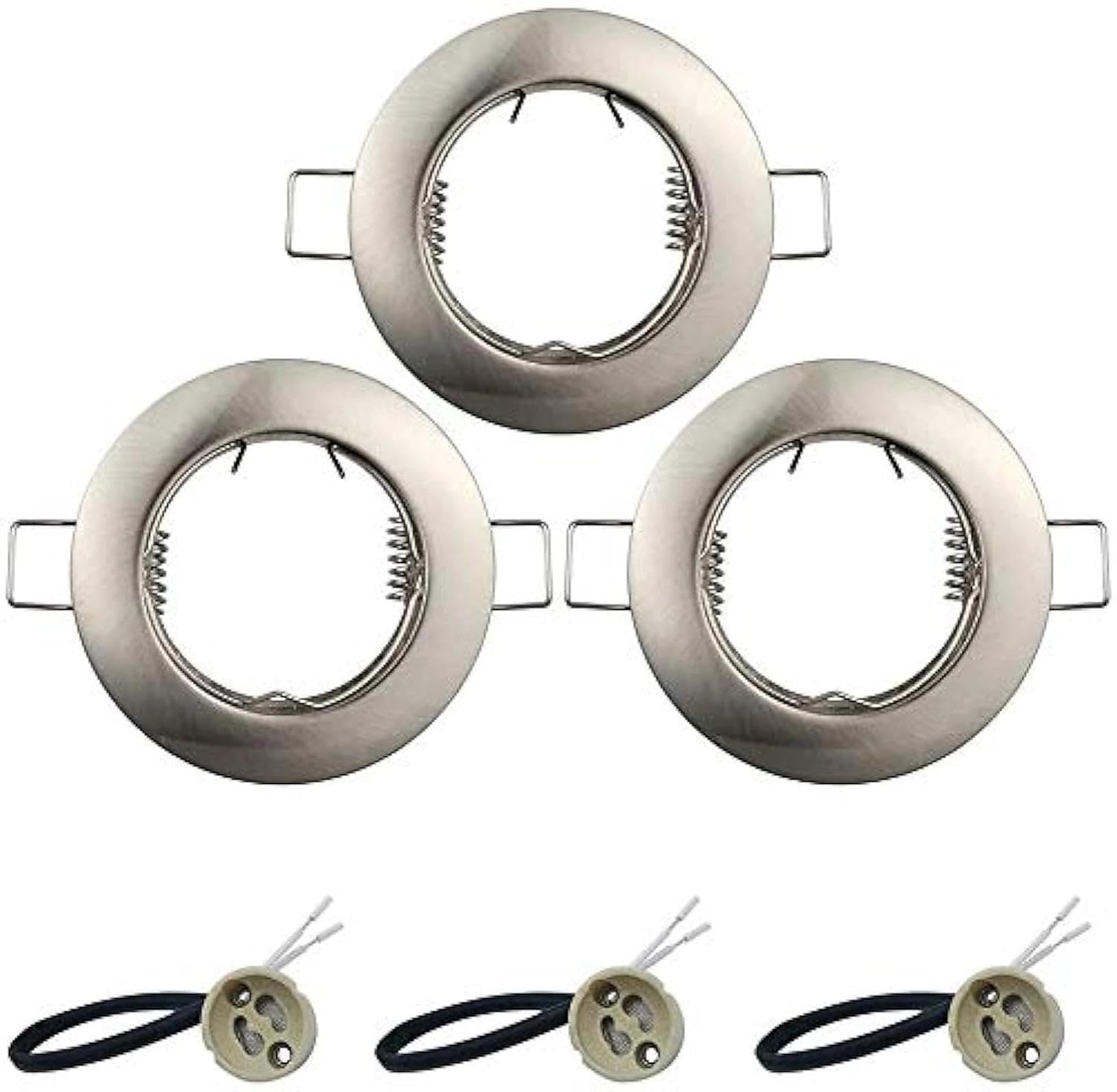 KingYH 3 Pack Round Recessed Spotlights Aluminum Downlight Bezel Trim Ring Fitting GU10 Light Mounting Frame with GU10 Lamp Holder for Ceiling Spotlight MR16 and 50mm Bulb Halogen Light Fitting Silver