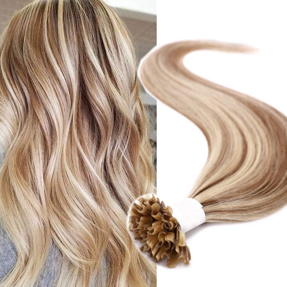Silk-co U Tip Pre Bonded Hair Extensions Strands Keratin Nail Tip Straight Human Hair Extensions U tip Real Remy Hair 50 Strands Keratin Nail Til 24"-50g #12P613 Golden Brown&Bleach Blonde
