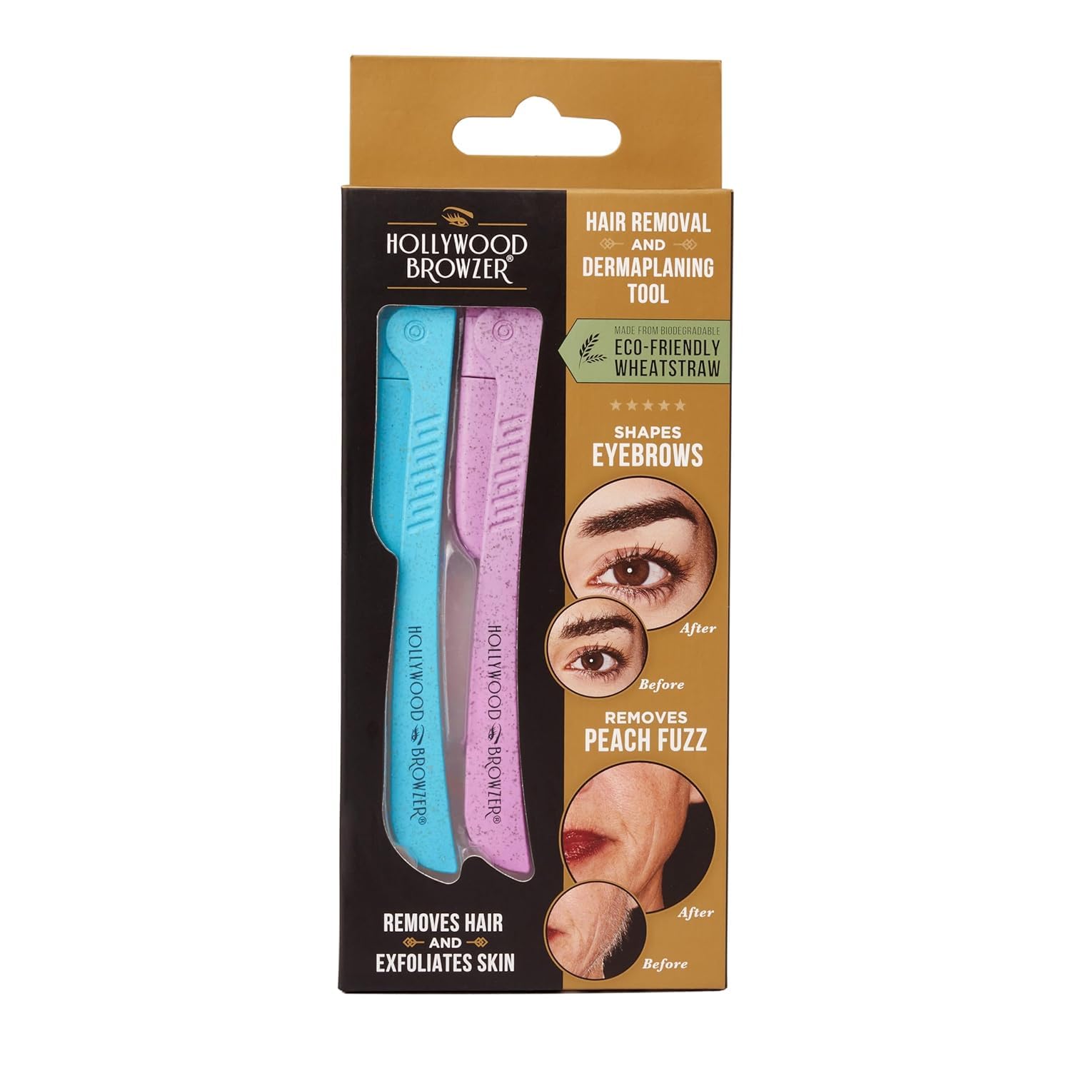Hollywood Browzer Dermaplaning Razor Tool for Face - Eyebrow Shaping - Removing Unwanted Hair and Peach Fuzz - Exfoliating Tool for Women - Face Razor for Women - Duo Pack (Blue Opal and Rose Quartz)