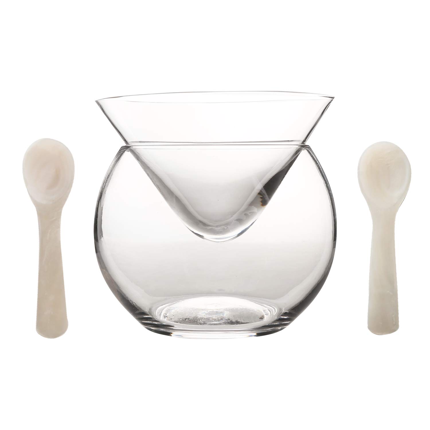DUEBEL Glass Caviar Chiller Server Set Plus 2 pcs. x Mother of Pearl Caviar Spoon 3.15" - Universal Martini, Wine, Liquor Cocktail Chiller