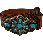 BEAUDRM Women's Turquoise Belt Western Cowgirl Belt Vintage Floral Embossed Buckle Leather Waist Belts