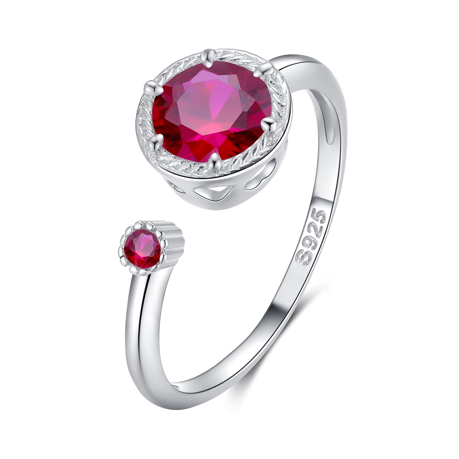 Qings July Birthstone Ring 925 Sterling Silver Ruby Rings for Women Adjustable Birthstone Open Ring