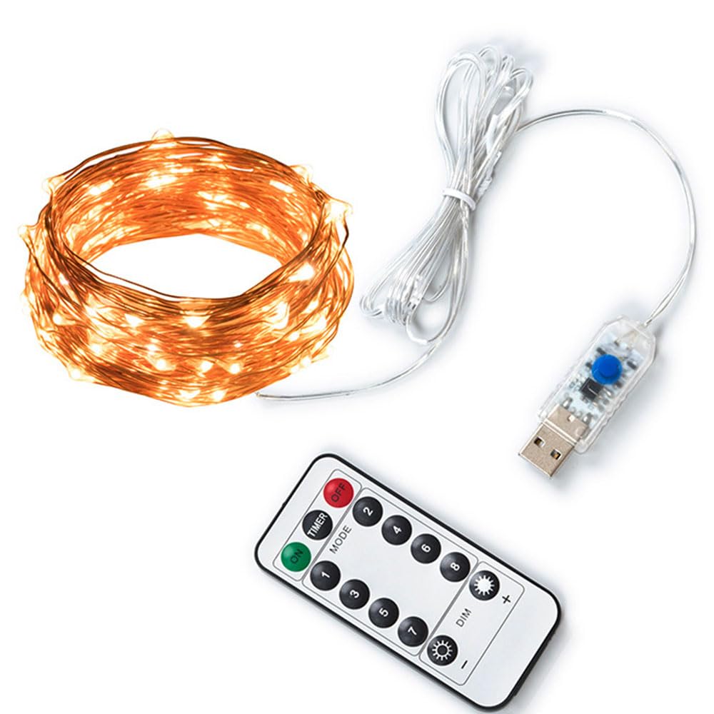 KARSUM USB Powered 36FT 100 LED Fairy Lights With Remote Control, Copper Wire String 8 Modes, Cool Multicolour Twinkle, Timer, Christmas (Warm White)